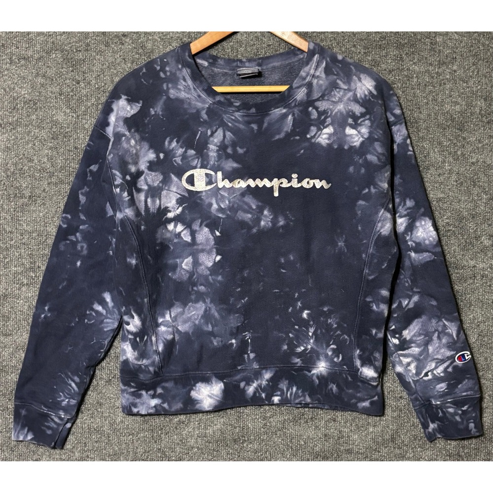 Champion Reverse Weave Tie Dye Sweatshirt Navy White Silver Script Logo Womens M